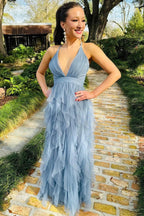 Cross-Back Plunge V Ruffle Maxi Dress in Smoky Blue by Kissprom