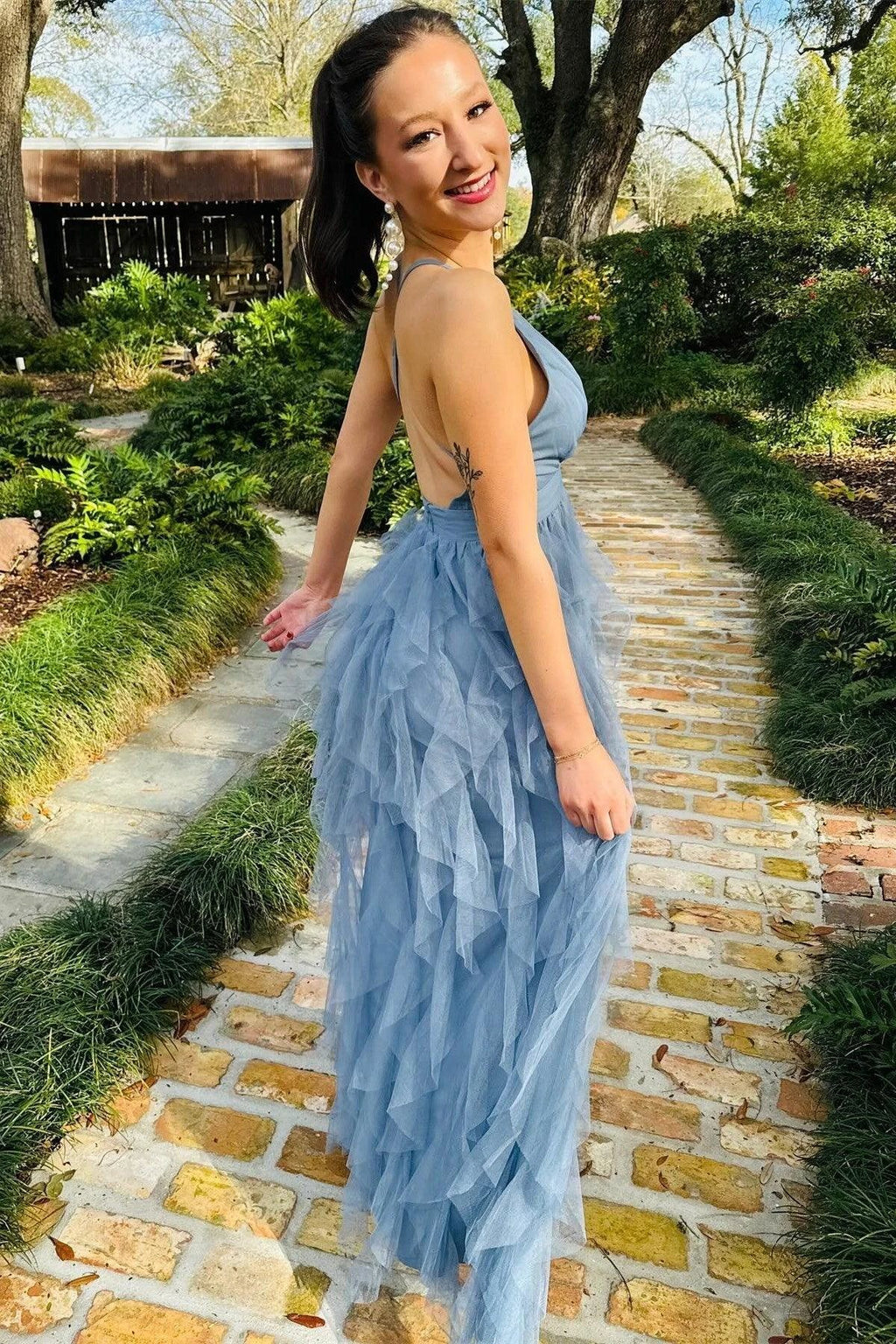 Cross-Back Plunge V Ruffle Maxi Dress in Smoky Blue by Kissprom