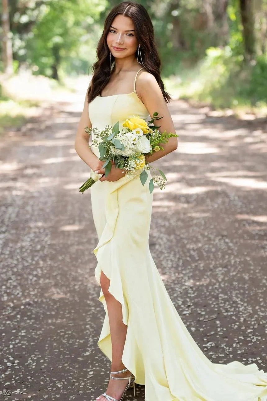 Sophianne | Yellow Spaghetti Straps Mermaid Satin Formal Prom Dress by KissProm
