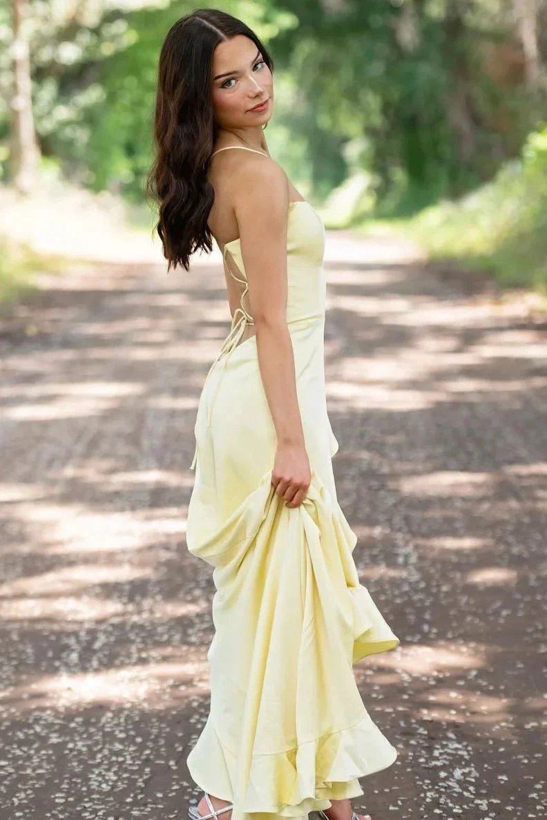 Sophianne | Yellow Spaghetti Straps Mermaid Satin Formal Prom Dress by KissProm