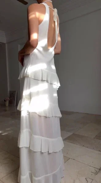 Simple White V Neck Chiffon Ruffle Prom Dress Backless Long Evening Dress Y8500 by simplepromdress