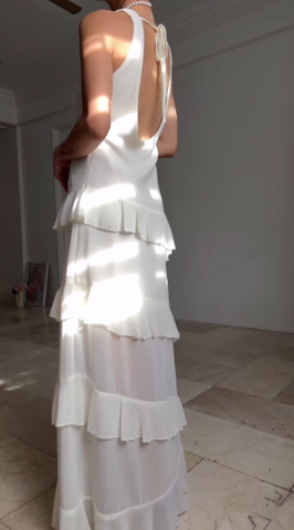 Simple White V Neck Chiffon Ruffle Prom Dress Backless Long Evening Dress Y8500