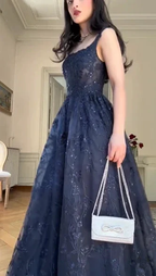 Navy Blue A Line Lace Appliques Prom Dress Elegant Evening Gown Y7830 by simplepromdress