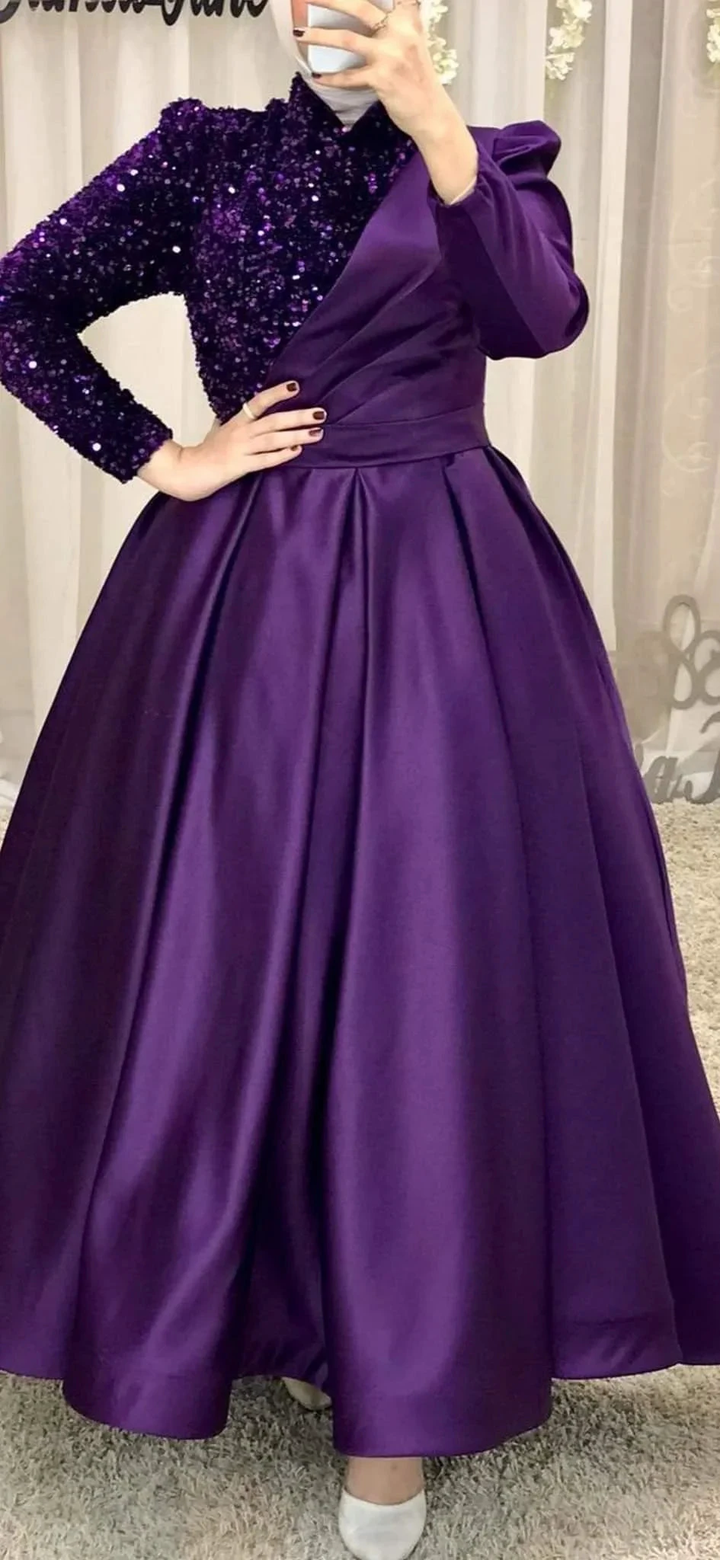 Elegant long purple evening dress with sequin bodice and satin skirt from ZAPDRESS