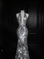 Sparkly Silver Deep V Halter Sequins Beaded Backless Evening Dress Mermaid Prom Dress Y8687 by simplepromdress