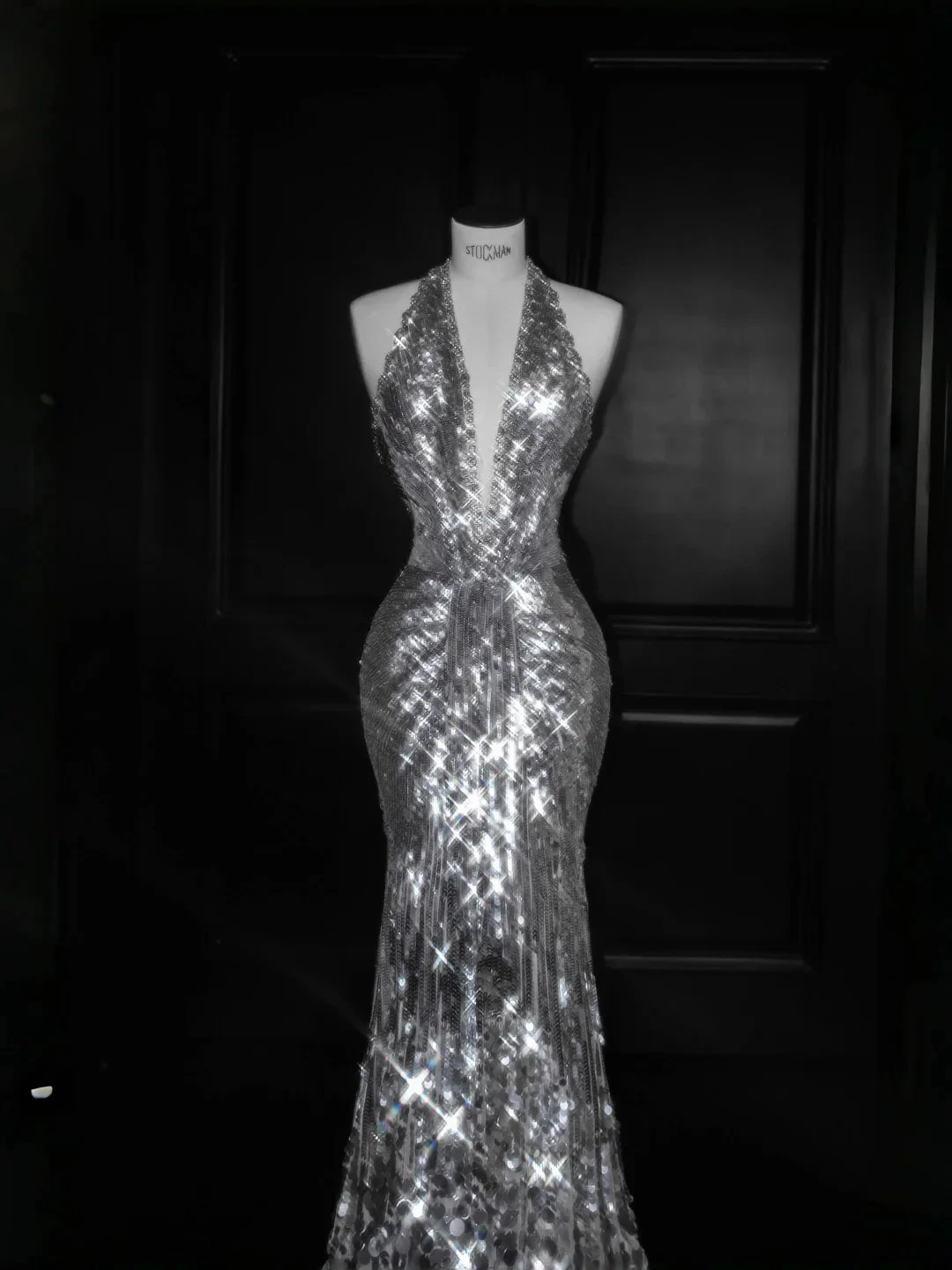 Sparkly Silver Deep V Halter Sequins Beaded Backless Evening Dress Mermaid Prom Dress Y8687 by simplepromdress