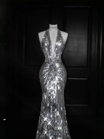 Sparkly Silver Deep V Halter Sequins Beaded Backless Evening Dress Mermaid Prom Dress Y8687