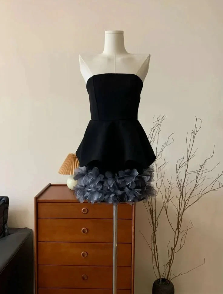 Black Strapless Tulle 3D Floral Cocktail Dress Strapless Homecoming Dress Y8105 by simplepromdress