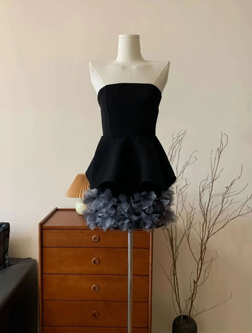 Vestido de cóctel negro sin tirantes de tul con estampado floral 3D, vestido de fiesta sin tirantes Y8105