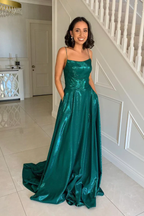Green satin long prom dress A line evening dress Y243