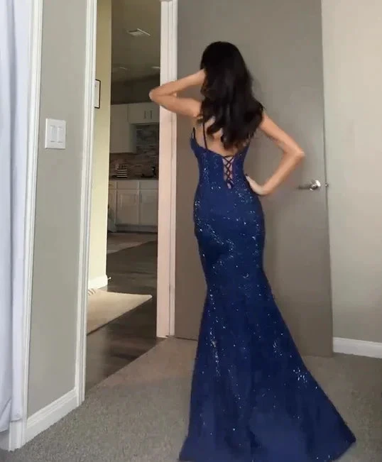 Sparkly Blue Sequins Mermaid Prom Dress Straps Slit Evening Dress Y7825 by simplepromdress