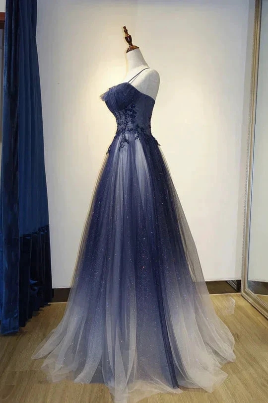 Elegant Gradient Tulle Straps Long Evening Dress, A-Line Tulle Prom Dresses Y1807 by simplepromdress