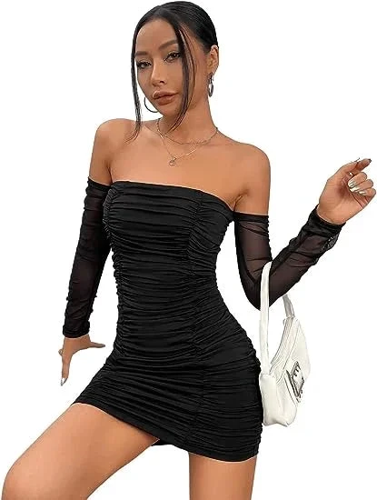 Women's Contrast Mesh Off The Shoulder Ruched Pencil Hem Fitted Homecoming Dress Y2572 by simplepromdress