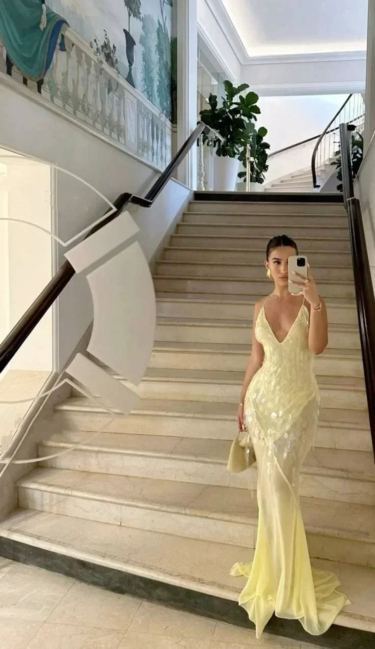 Fashion V Neck Mermaid Evening Dress Yellow Chiffon Sequins Prom Dress Y7892 by simplepromdress