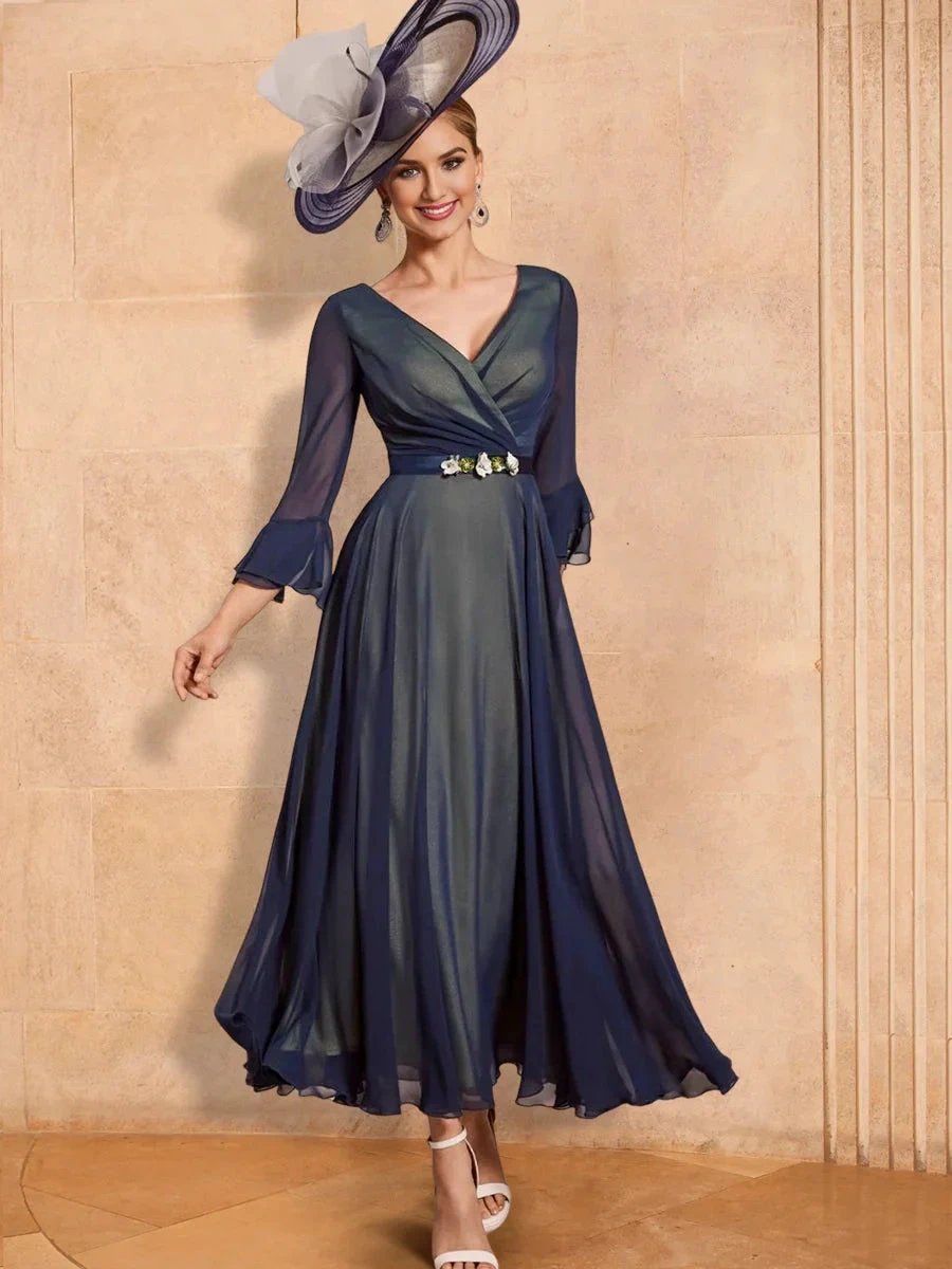 A-Line/Princess V-Neck Ankle-Length Mother of the Bride Dresses with Belt by Dreamylily