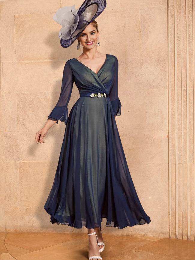 A-Line/Princess V-Neck Ankle-Length Mother of the Bride Dresses with Belt Hover Image