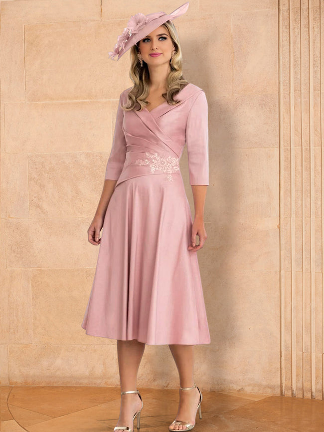 A-Line/Princess V-Neck Tea-Length Mother of the Bride Dresses with Applique Hover Image