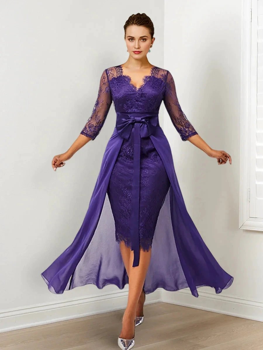 Sheath/Column Lace V-Neck Mother of the Bride Dresses with Watteau Train by Dreamylily