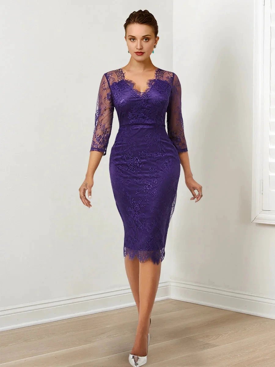 Sheath/Column Lace V-Neck Mother of the Bride Dresses with Watteau Train by Dreamylily