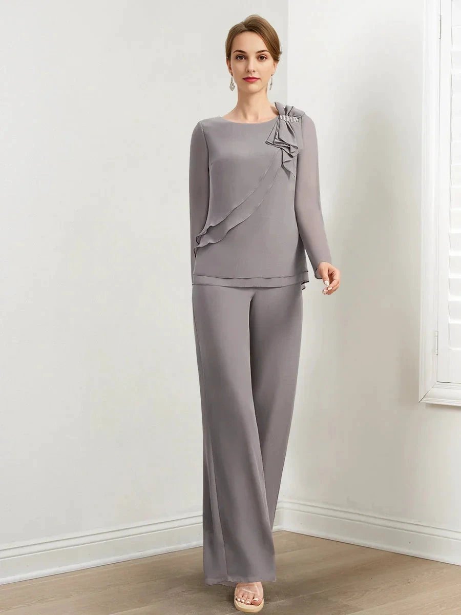 Chiffon Mother of the Bride Pantsuits with Beading & Ruffles by Dreamylily