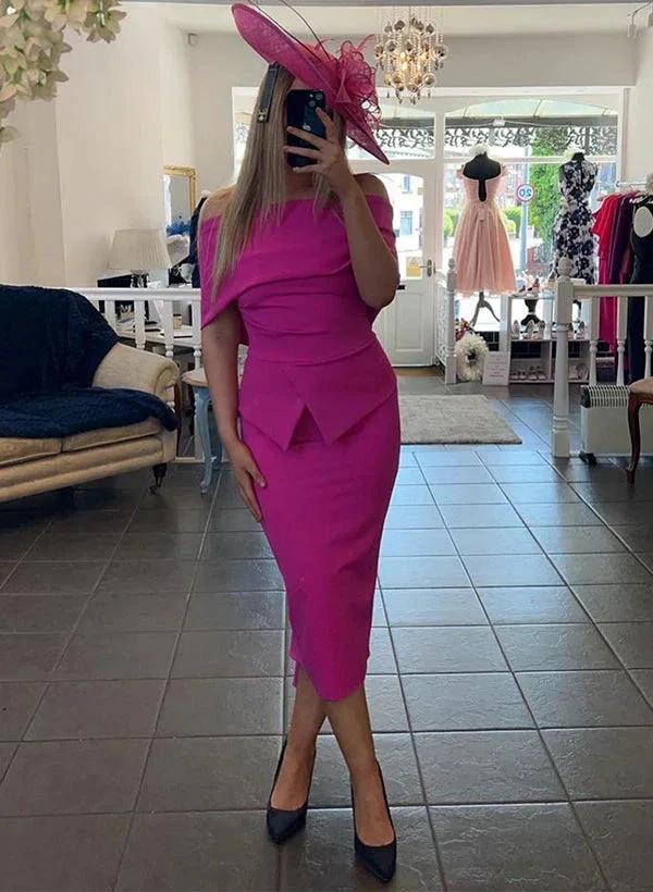 Sheath/Column Off-the-Shoulder Tea-Length Mother of the Bride Dresses by Dreamylily