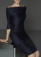 Sheath/Column Off-the-Shoulder Half Sleeves Knee-Length Satin Mother of the Bride Dresses by Dreamylily