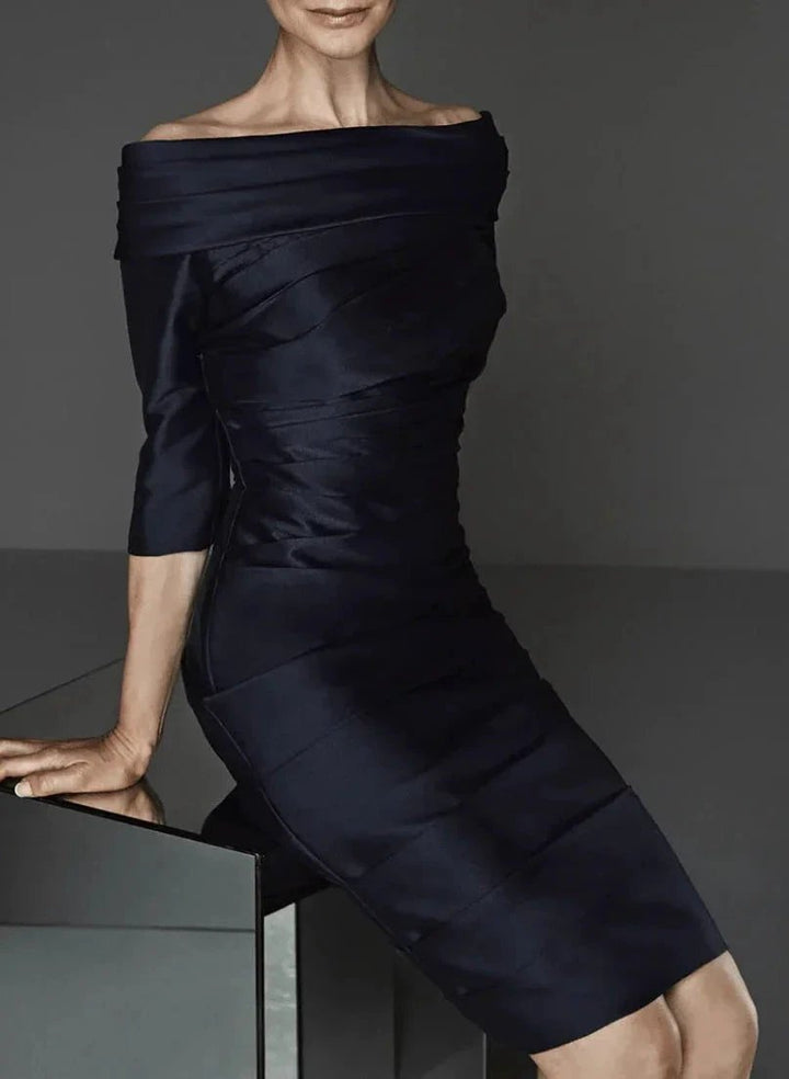 Sheath/Column Off-the-Shoulder Half Sleeves Knee-Length Satin Mother of the Bride Dresses by Dreamylily