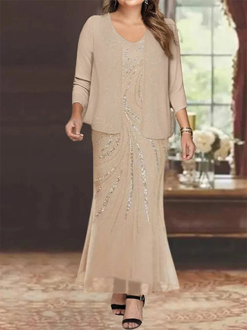 Vestidos de madre de la novia con escote en V, largo hasta los tobillos, con corte tubo/columna, chaqueta y lentejuelas 