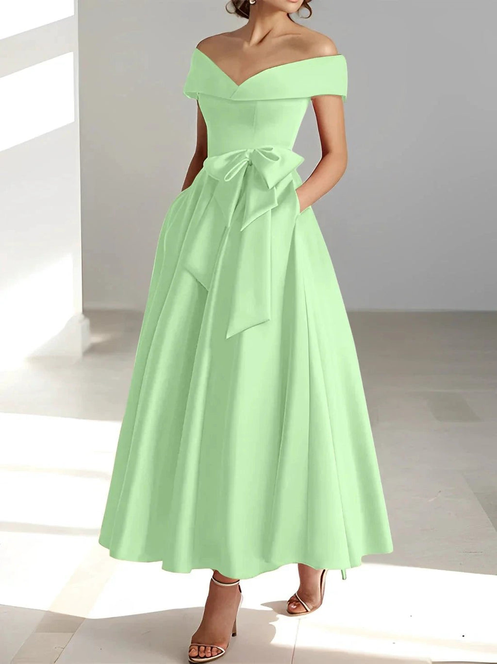 A-Line/Princess Off-the-Shoulder Sleeveless Ankle-Length Mother of the Bride Dresses with Pockets by Dreamylily