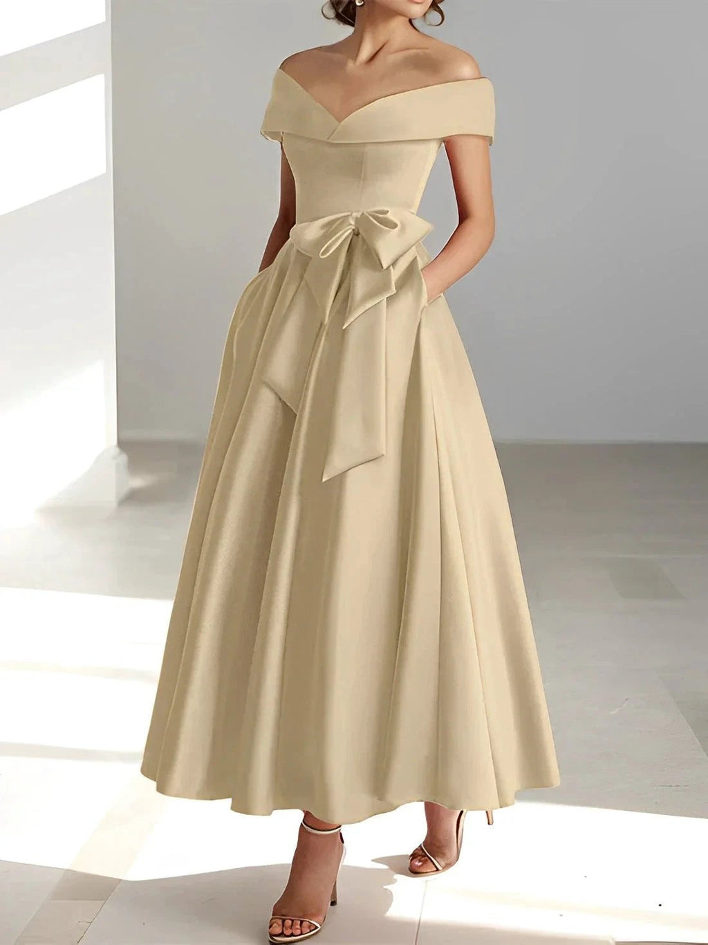 A-Line/Princess Off-the-Shoulder Sleeveless Ankle-Length Mother of the Bride Dresses with Pockets by Dreamylily
