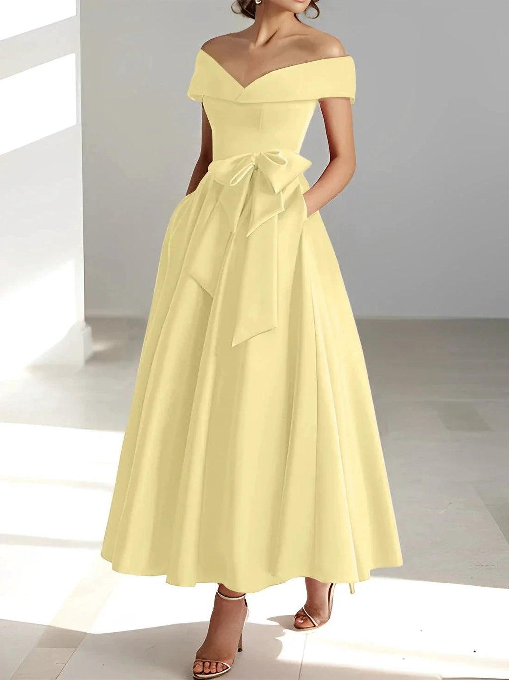 A-Line/Princess Off-the-Shoulder Sleeveless Ankle-Length Mother of the Bride Dresses with Pockets by Dreamylily