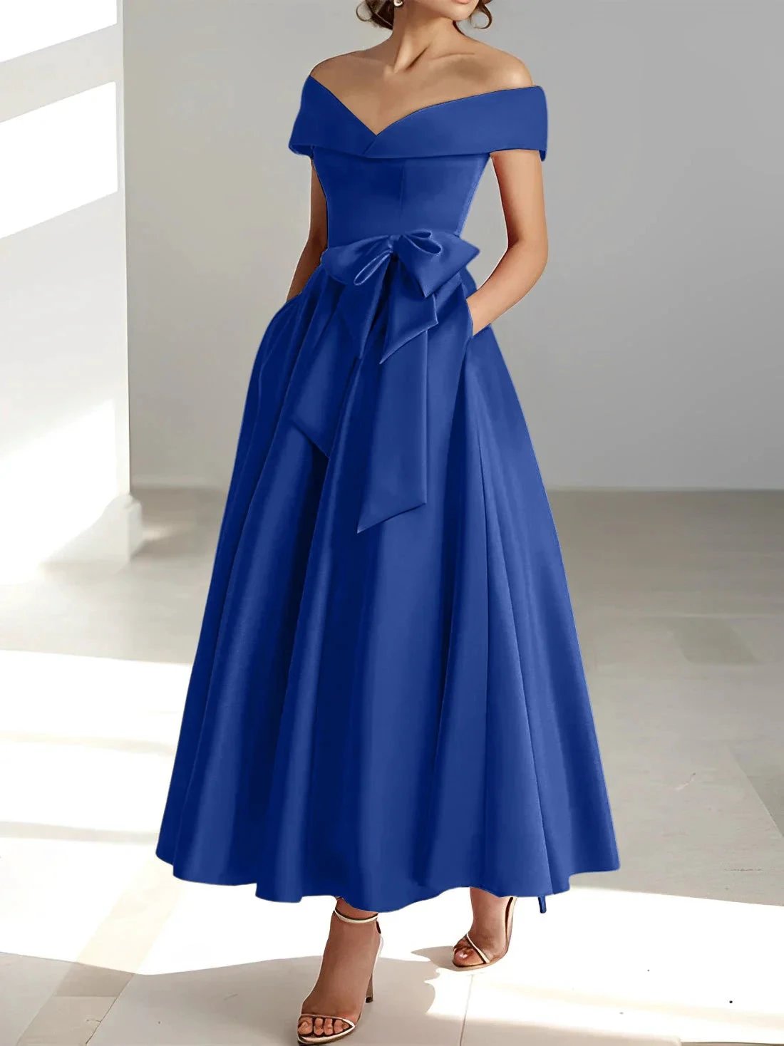 A-Line/Princess Off-the-Shoulder Sleeveless Ankle-Length Mother of the Bride Dresses with Pockets by Dreamylily