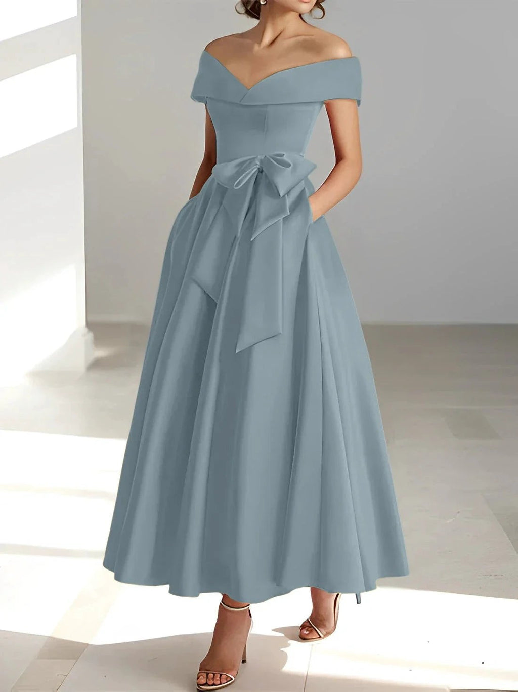 A-Line/Princess Off-the-Shoulder Sleeveless Ankle-Length Mother of the Bride Dresses with Pockets by Dreamylily