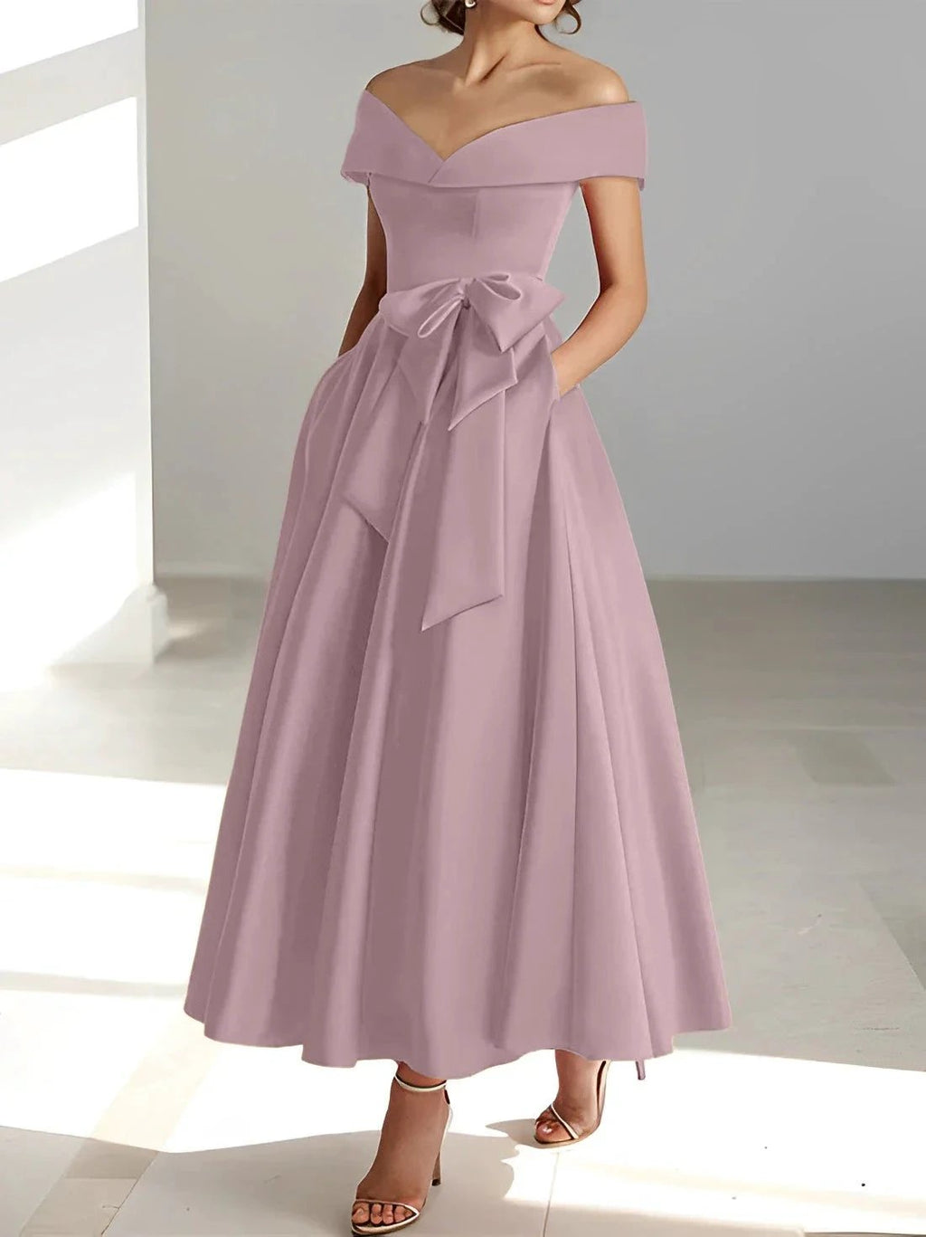 A-Line/Princess Off-the-Shoulder Sleeveless Ankle-Length Mother of the Bride Dresses with Pockets by Dreamylily