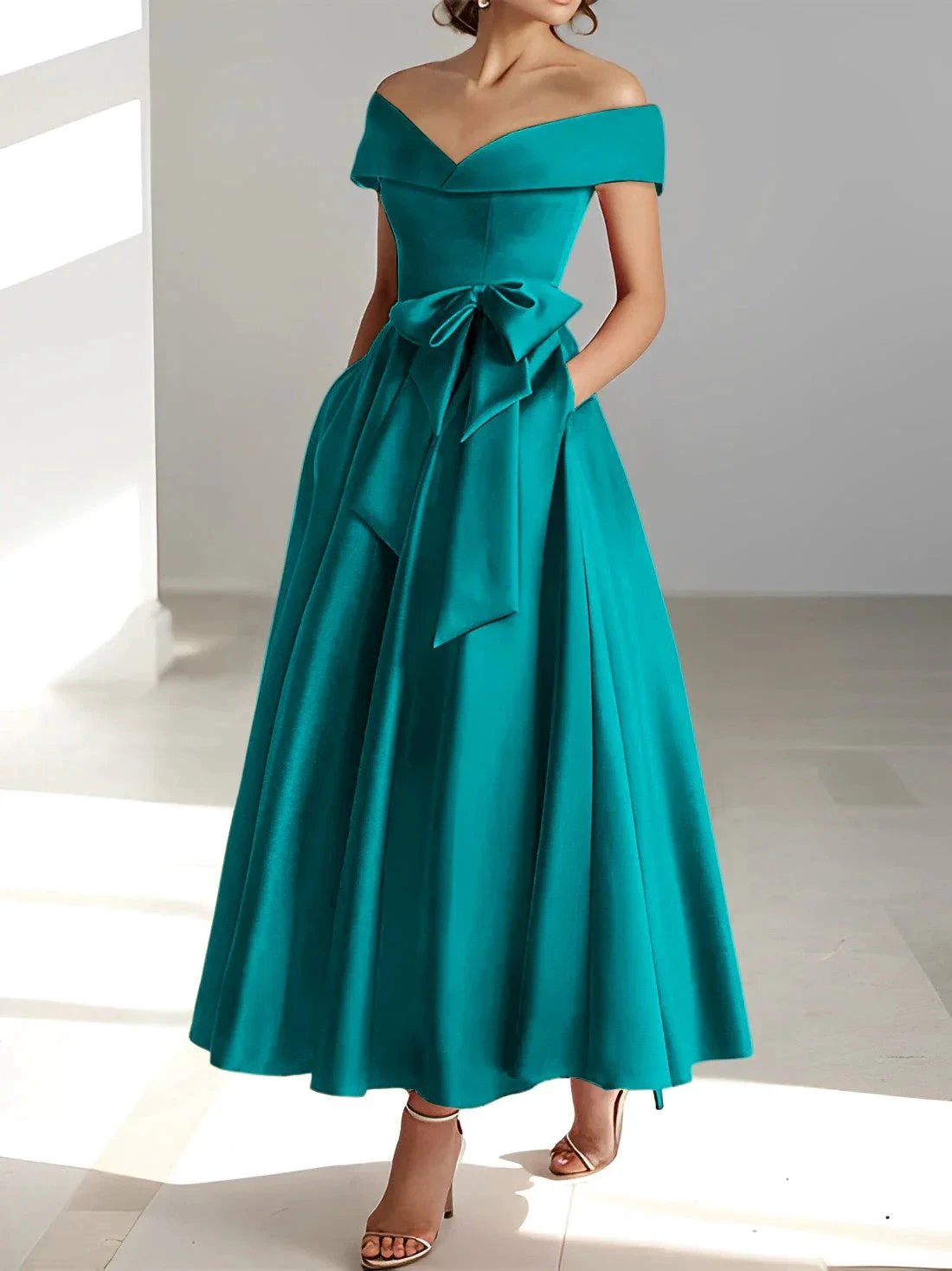 A-Line/Princess Off-the-Shoulder Sleeveless Ankle-Length Mother of the Bride Dresses with Pockets by Dreamylily