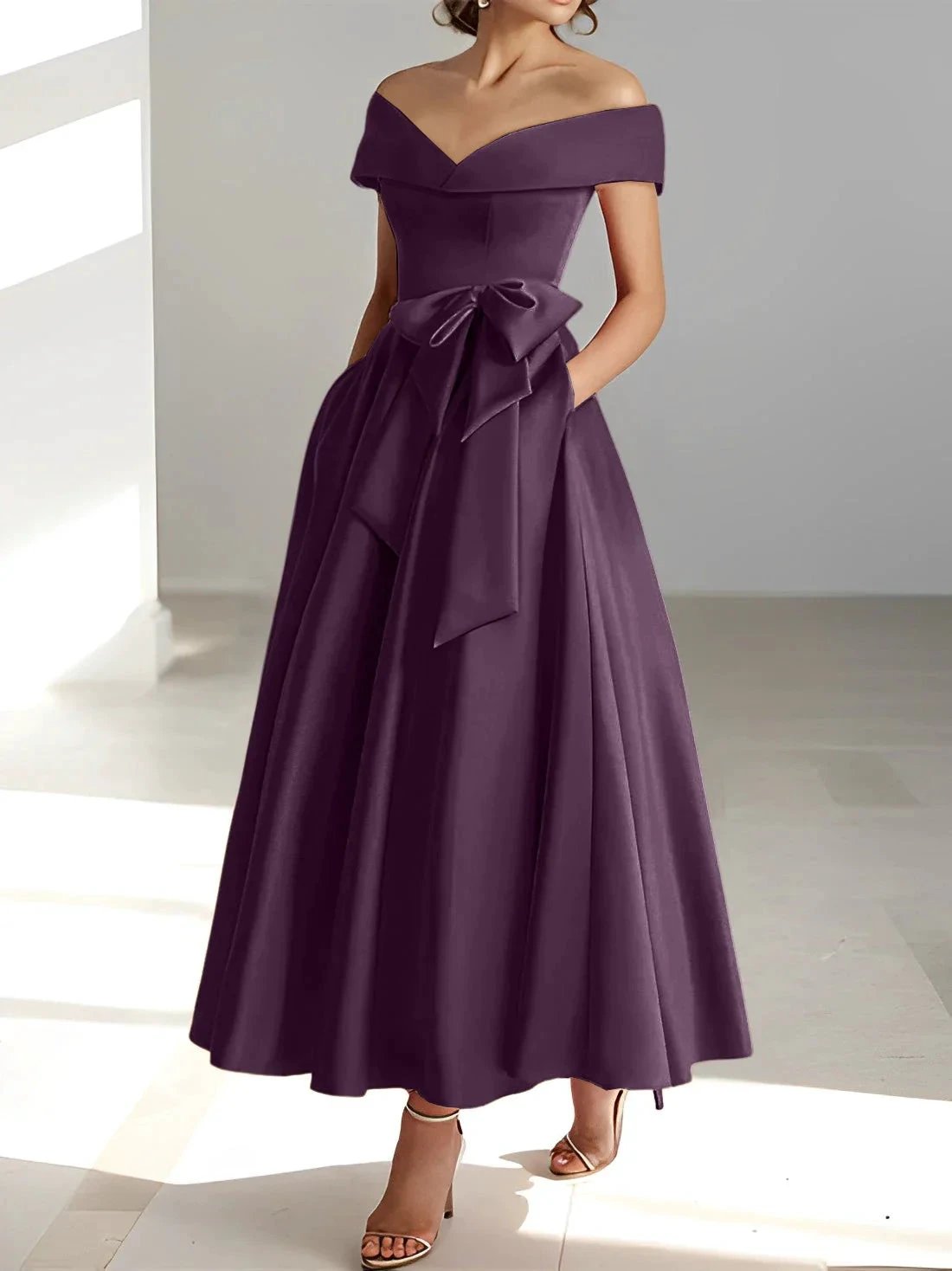 A-Line/Princess Off-the-Shoulder Sleeveless Ankle-Length Mother of the Bride Dresses with Pockets by Dreamylily