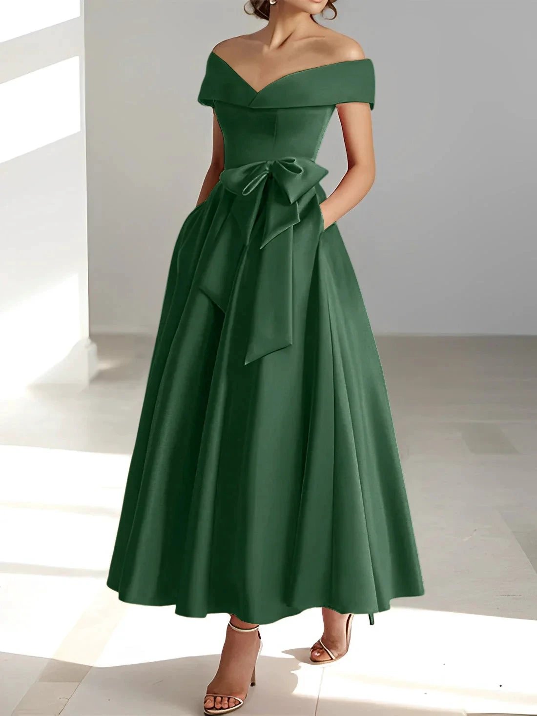 A-Line/Princess Off-the-Shoulder Sleeveless Ankle-Length Mother of the Bride Dresses with Pockets by Dreamylily