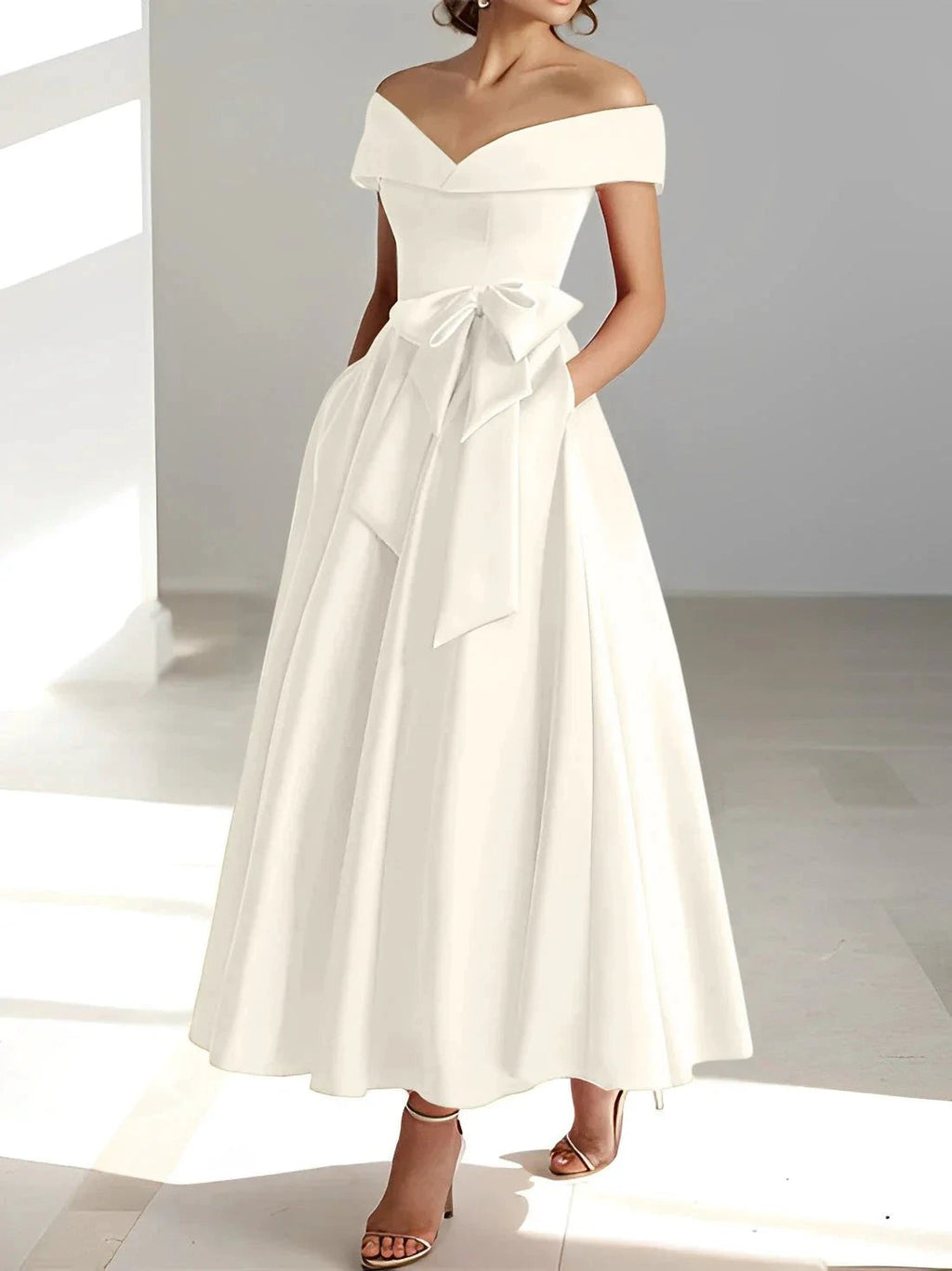 A-Line/Princess Off-the-Shoulder Sleeveless Ankle-Length Mother of the Bride Dresses with Pockets by Dreamylily