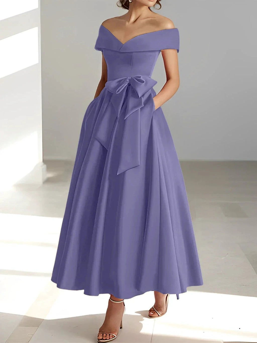 A-Line/Princess Off-the-Shoulder Sleeveless Ankle-Length Mother of the Bride Dresses with Pockets by Dreamylily