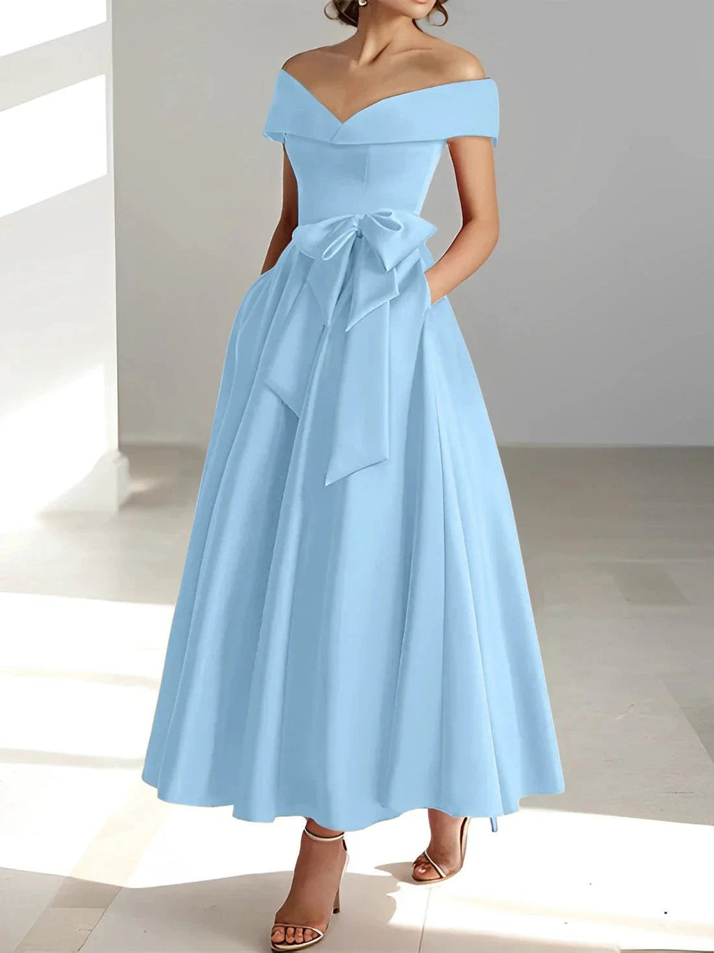 A-Line/Princess Off-the-Shoulder Sleeveless Ankle-Length Mother of the Bride Dresses with Pockets by Dreamylily