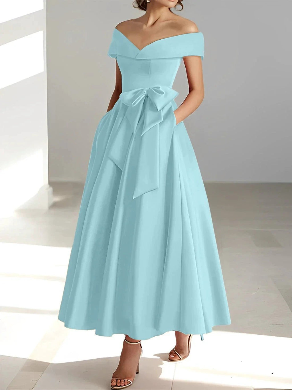 A-Line/Princess Off-the-Shoulder Sleeveless Ankle-Length Mother of the Bride Dresses with Pockets by Dreamylily