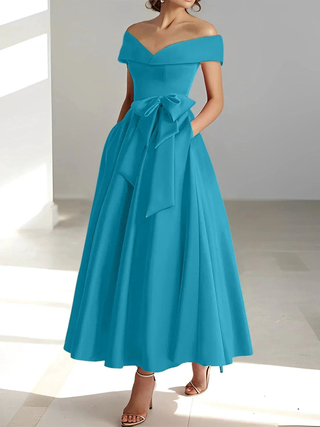 A-Line/Princess Off-the-Shoulder Sleeveless Ankle-Length Mother of the Bride Dresses with Pockets by Dreamylily