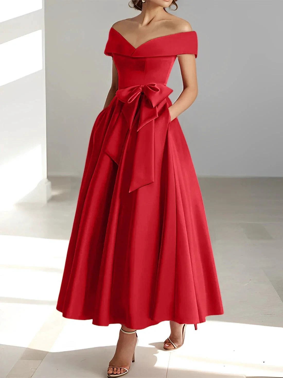 A-Line/Princess Off-the-Shoulder Sleeveless Ankle-Length Mother of the Bride Dresses with Pockets by Dreamylily