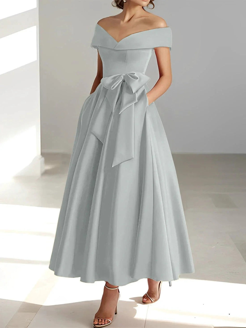 A-Line/Princess Off-the-Shoulder Sleeveless Ankle-Length Mother of the Bride Dresses with Pockets by Dreamylily