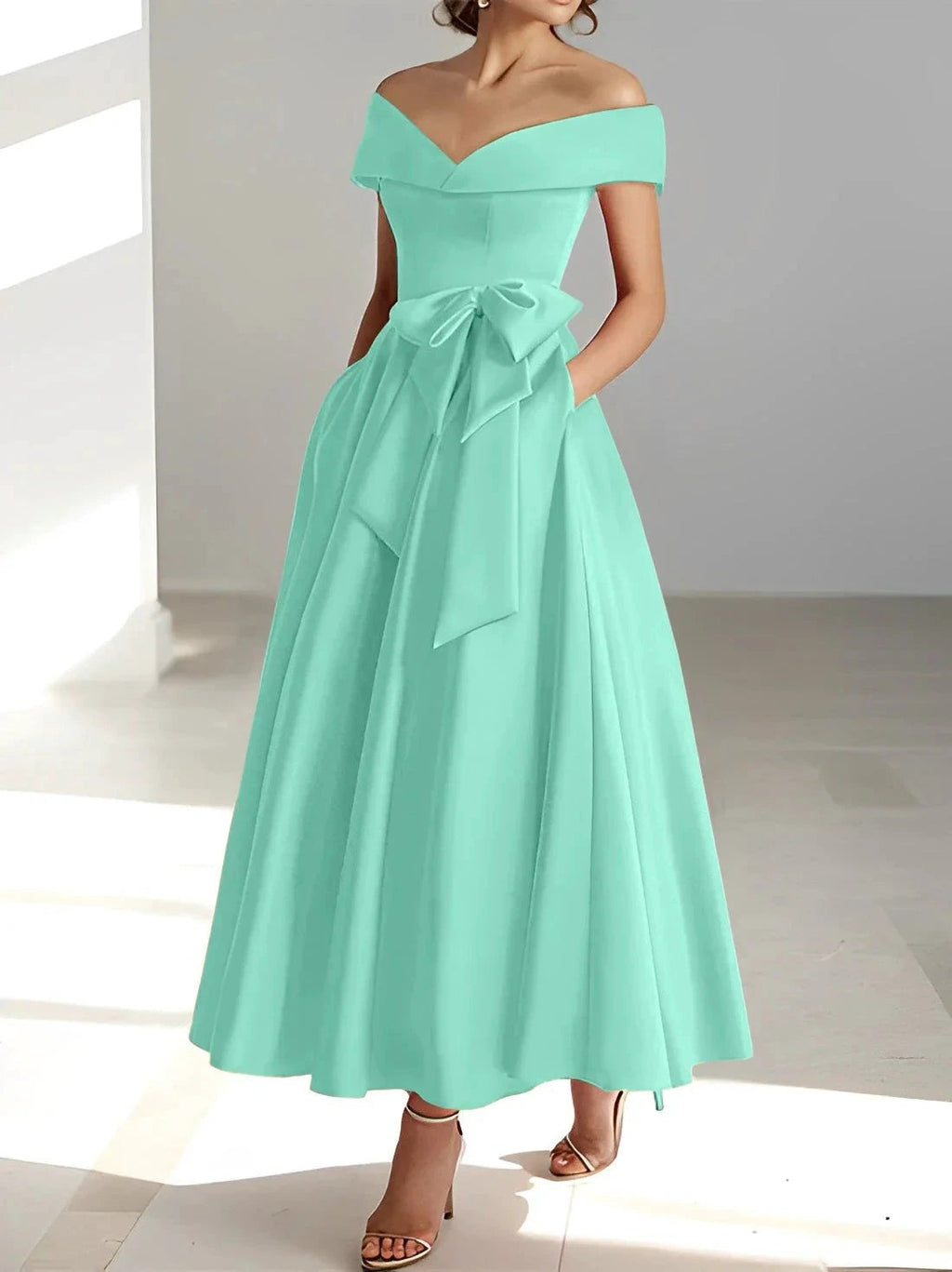 A-Line/Princess Off-the-Shoulder Sleeveless Ankle-Length Mother of the Bride Dresses with Pockets by Dreamylily