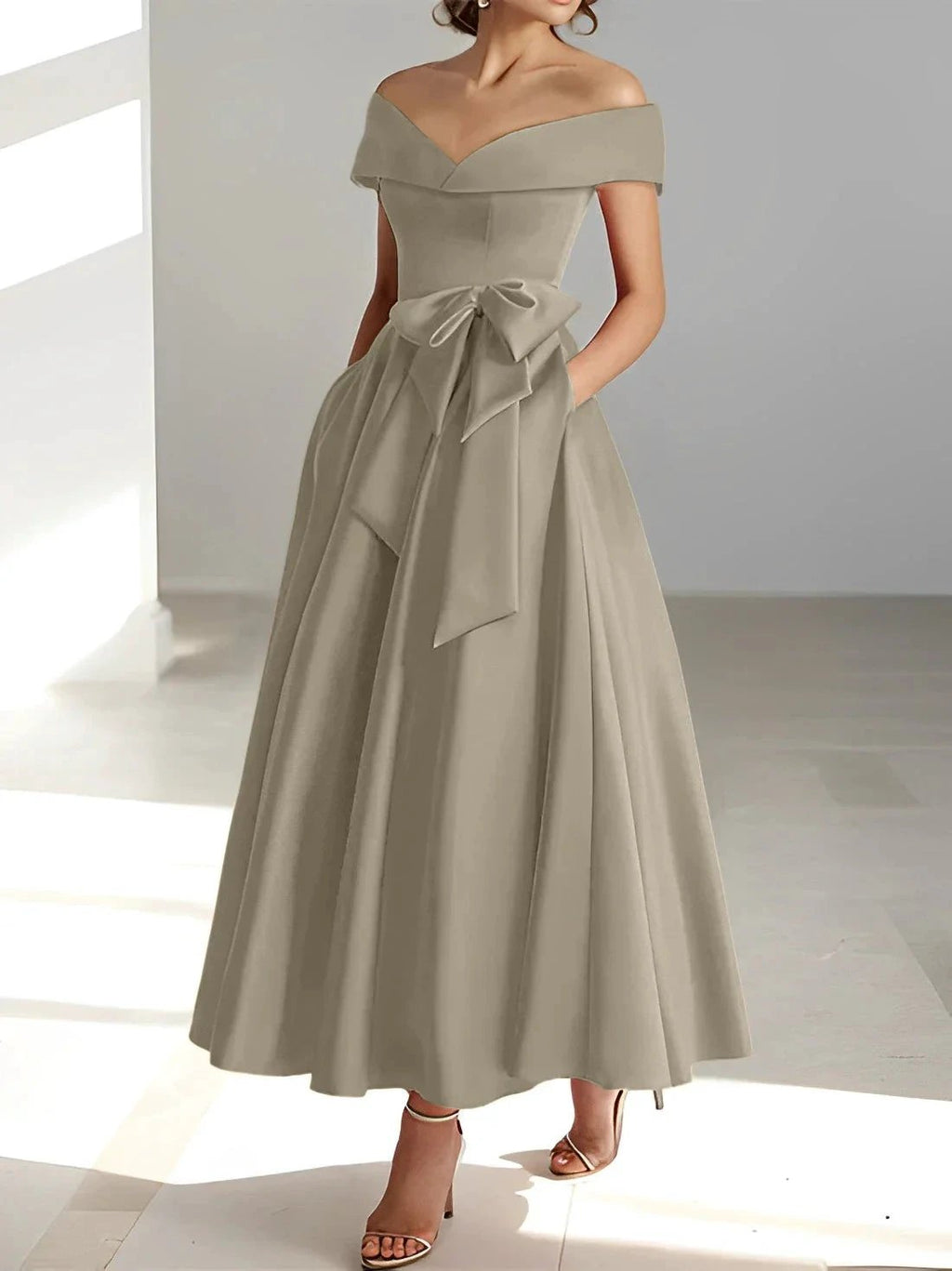 A-Line/Princess Off-the-Shoulder Sleeveless Ankle-Length Mother of the Bride Dresses with Pockets by Dreamylily