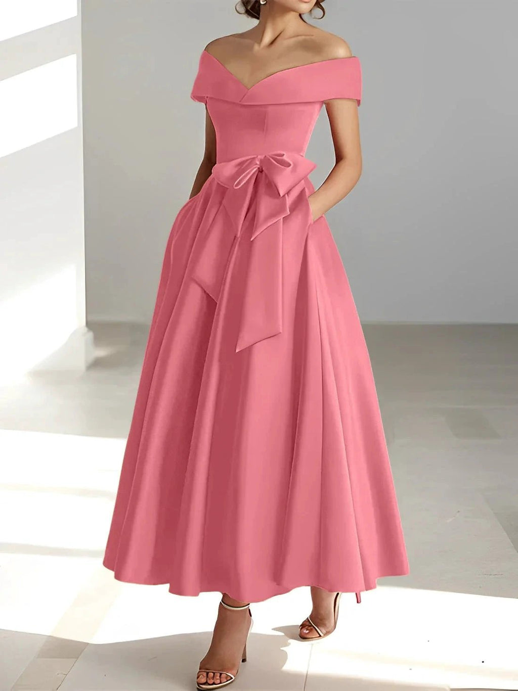 A-Line/Princess Off-the-Shoulder Sleeveless Ankle-Length Mother of the Bride Dresses with Pockets by Dreamylily