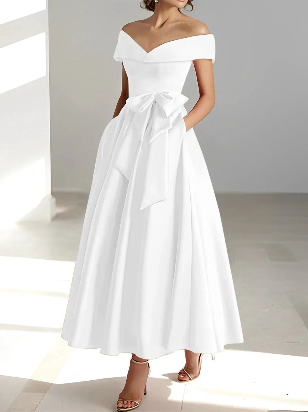 A-Line/Princess Off-the-Shoulder Sleeveless Ankle-Length Mother of the Bride Dresses with Pockets by Dreamylily