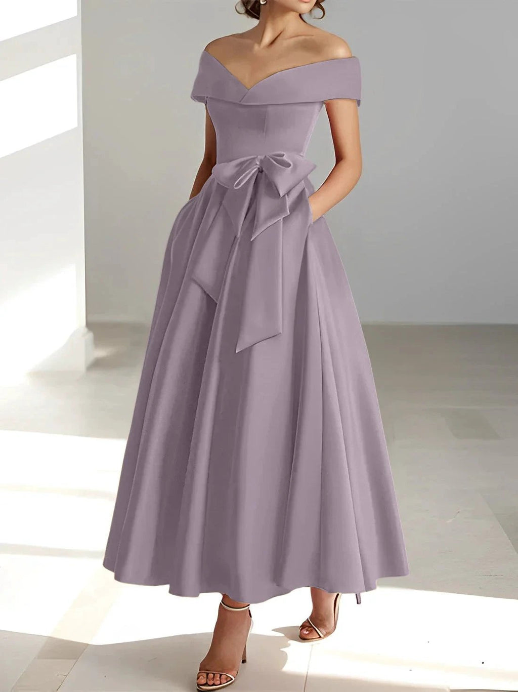 A-Line/Princess Off-the-Shoulder Sleeveless Ankle-Length Mother of the Bride Dresses with Pockets by Dreamylily
