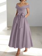 A-Line/Princess Off-the-Shoulder Sleeveless Ankle-Length Mother of the Bride Dresses with Pockets by Dreamylily